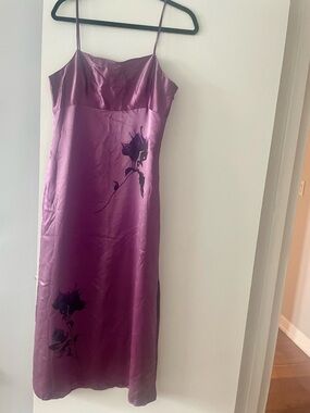 Casual Corner Purple Silk Dress with Black Floral Accents